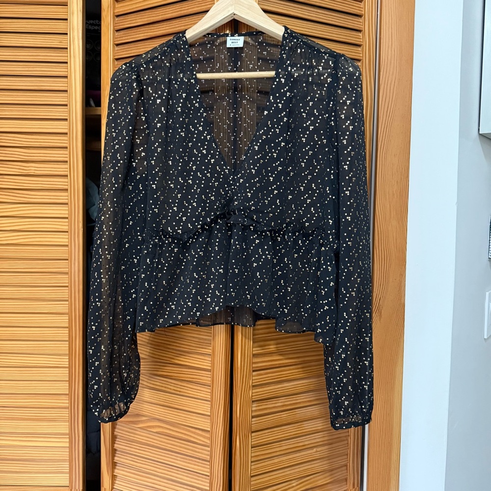 Sunday Best Black Sheer Blouse with gold squares